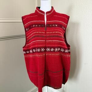 Woolrich Red Snowflake Wool Sweater Vest Zip Front Women’s 2XL ski lodge cozy
